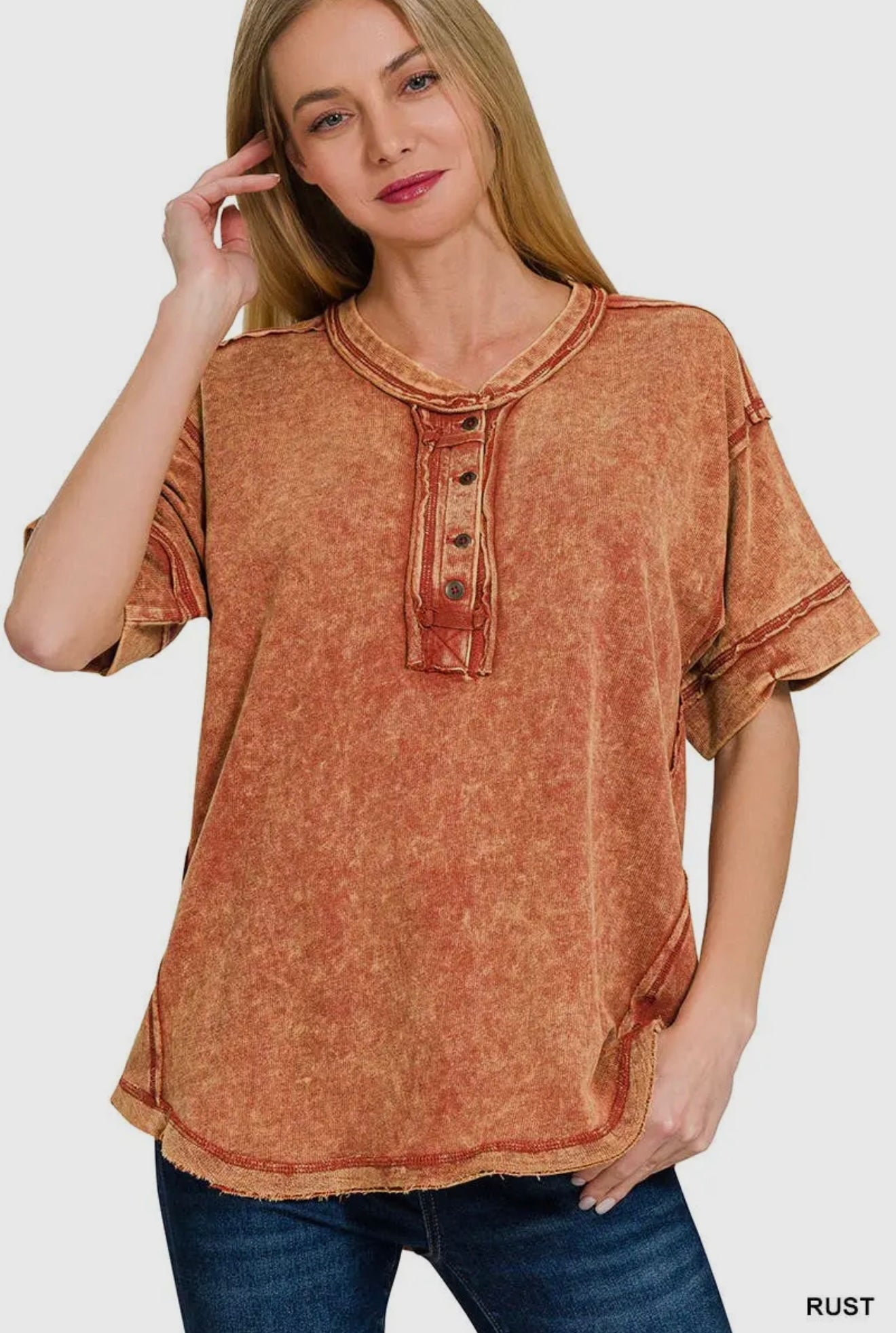 Zenana Raw Edge Detailed Button Closure Scoop Neck Top in Rust