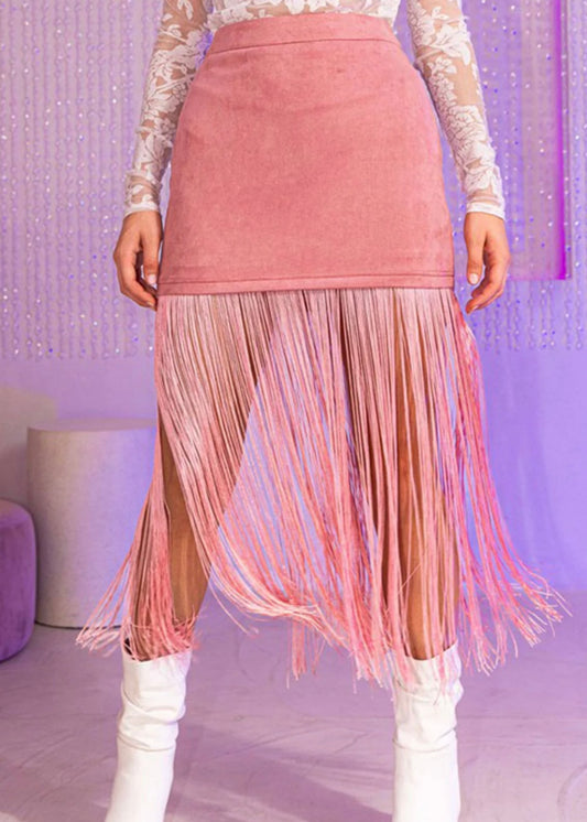 Stretch Faux Suede Fringe Detail Skirt in Mauve