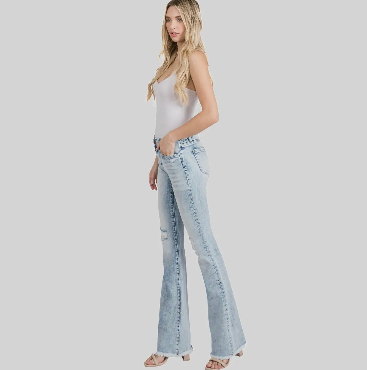 Petra153 Distressed Mid Rise Stretch
Flare Jeans