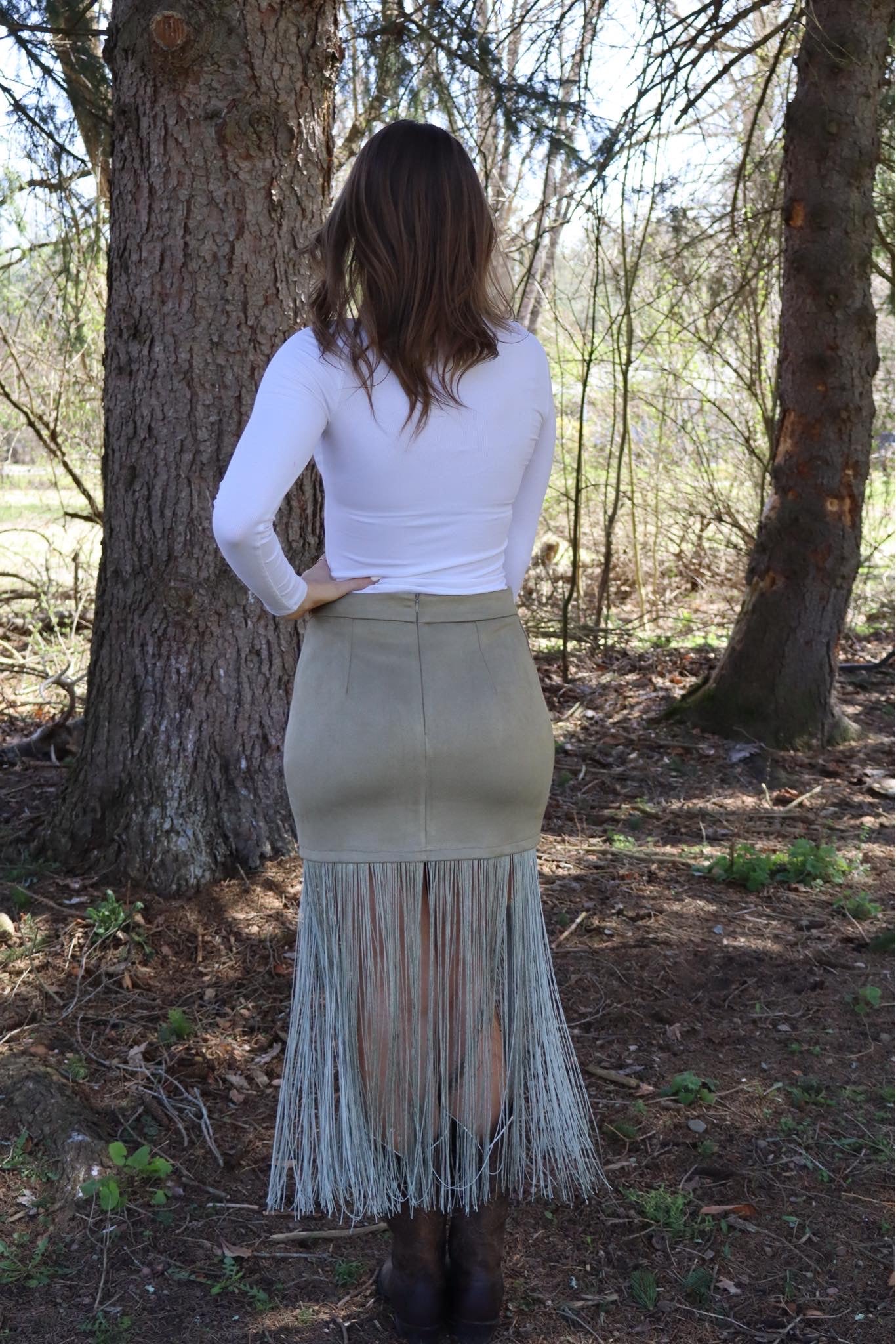 Stretch Faux Suede Fringe Detail Skirt in Sage