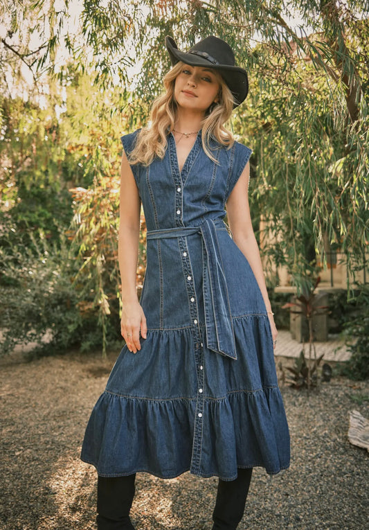 Belted Button Up Tiered Midi
Denim Midi Dress