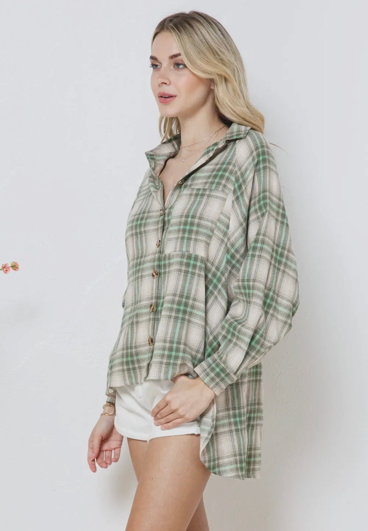 Olive Green Plaid Oversized Button Up Boyfriend Shirt