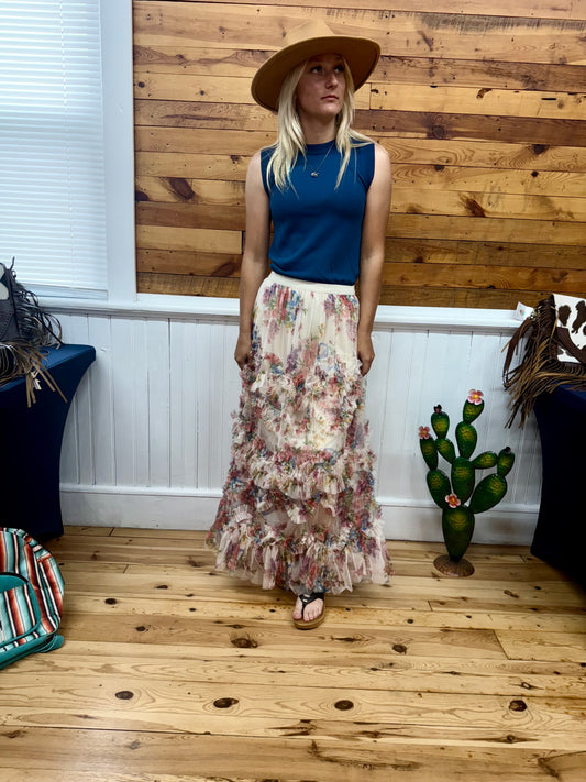 Floral Ruffled Mesh Midi Skirt