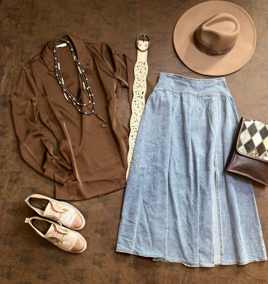 Midi Denim Skirt with Center Thigh Slit