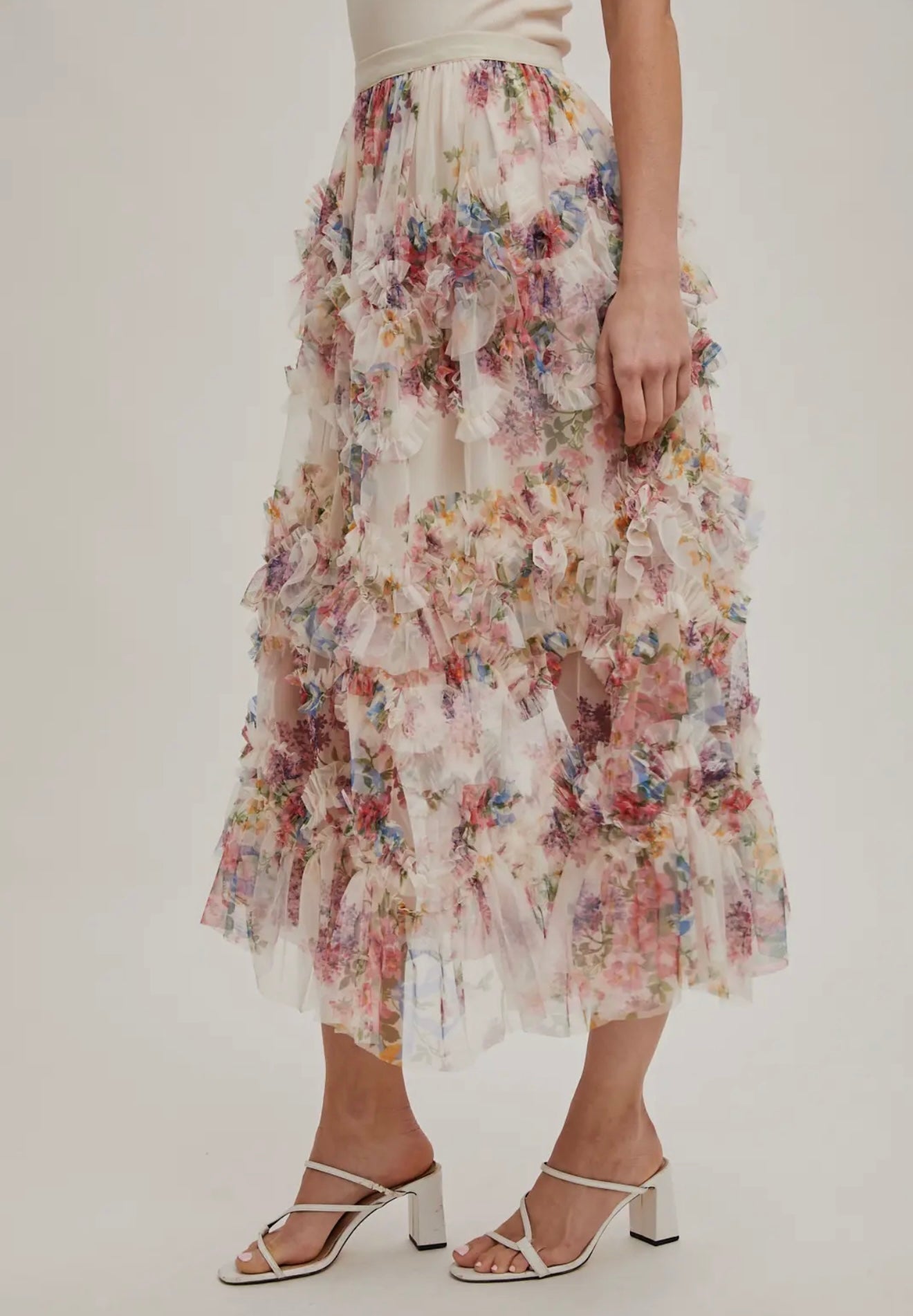 Floral Ruffled Mesh Midi Skirt