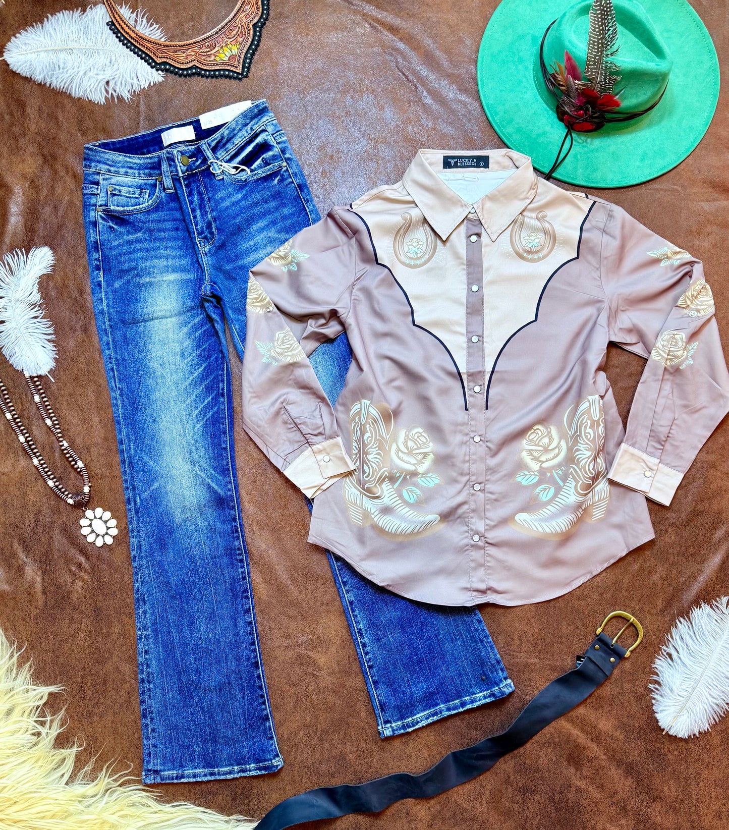 Taupe Western Printed Pearl Snap Button Down Top