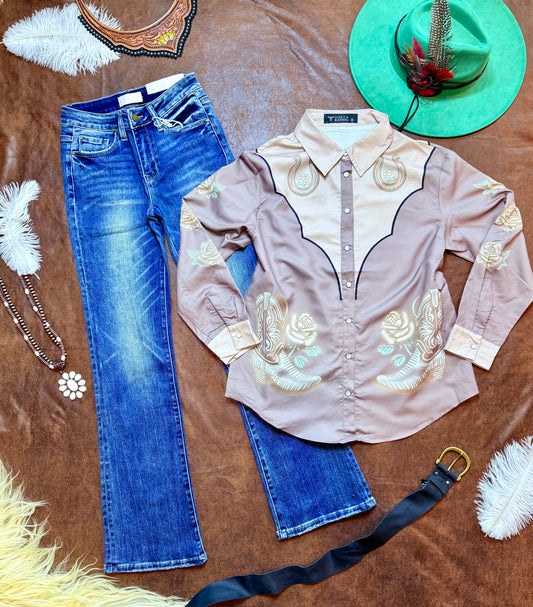 Taupe Western Printed Pearl Snap Button Down Top