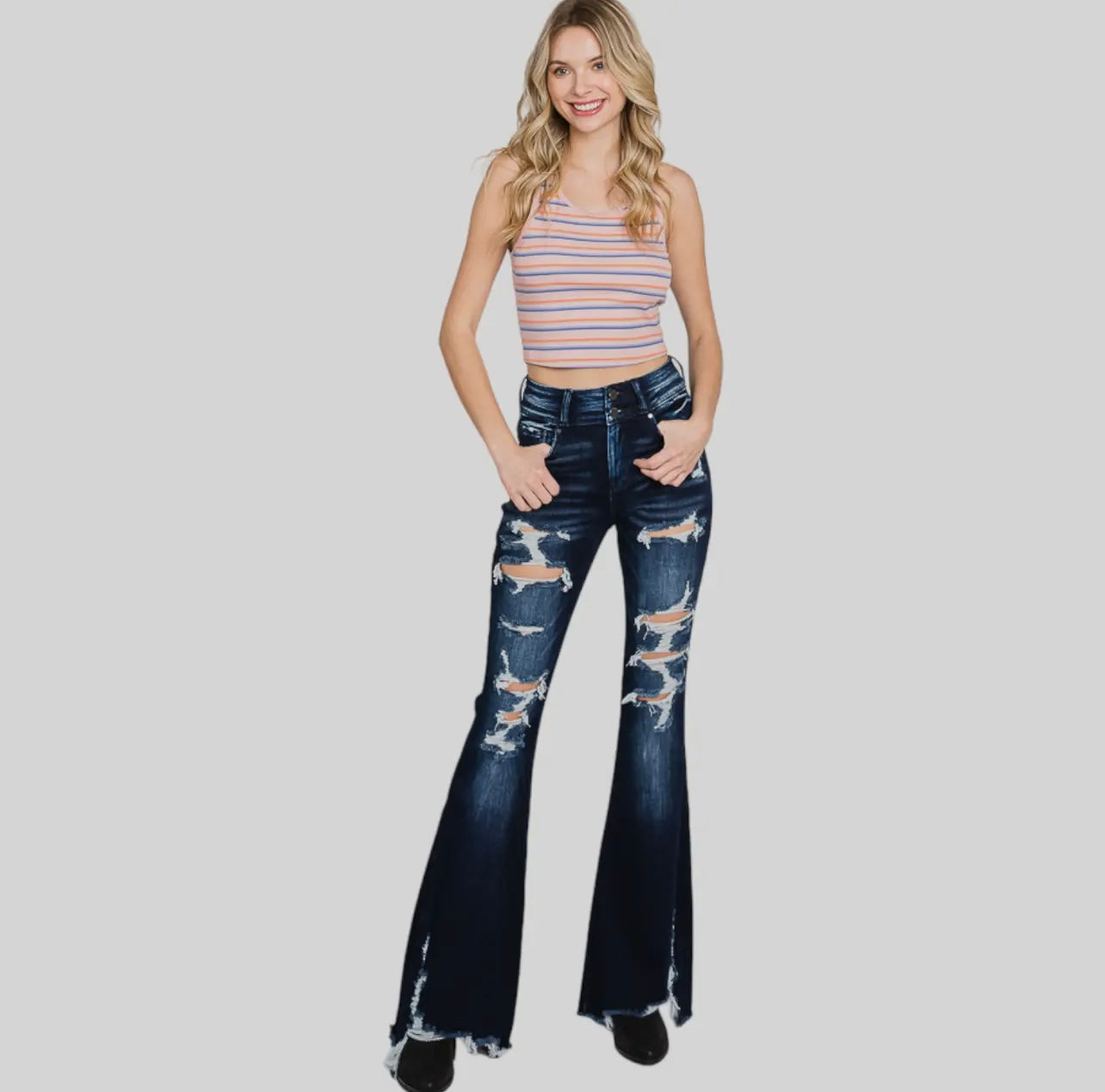 Petra153 Distressed High Rise Flare
Jeans with Frayed Hem