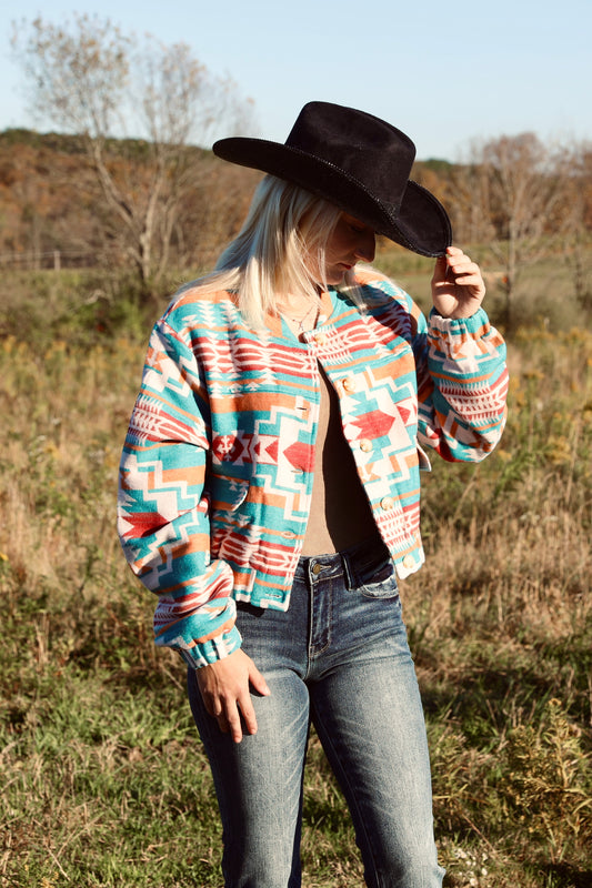 Jacquard Aztec Snap Up
Bomber Jacket
