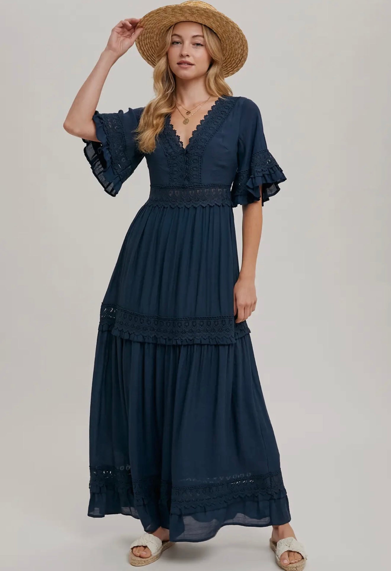 Navy V-Neck Lace Trim Maxi Dress