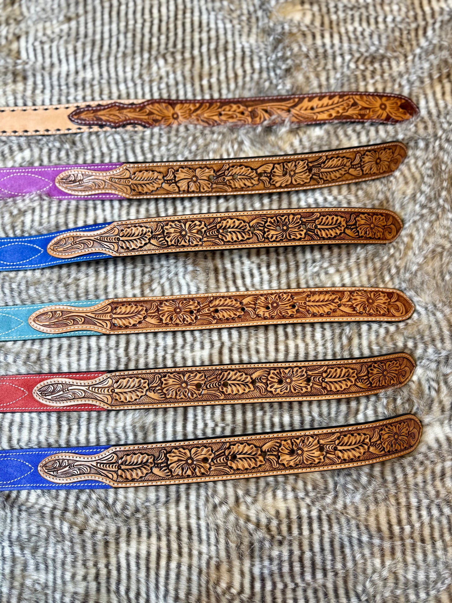 American Darling Hand Tooled Tan Leather Western Belt -
Blue Suede Back & Antique Buckle