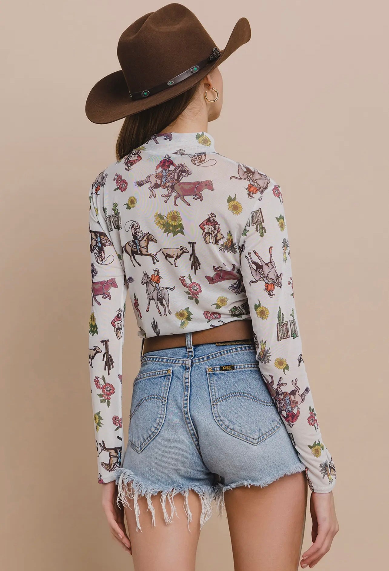 Bella-Western Floral Cowboy
Print Mesh Long Sleeves Top