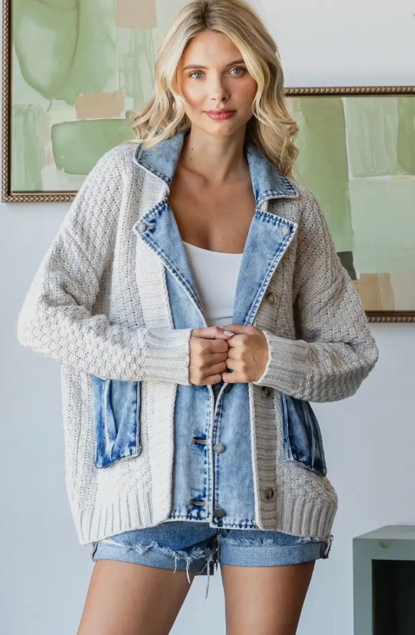 Knit Body Denim Layerd Jacket