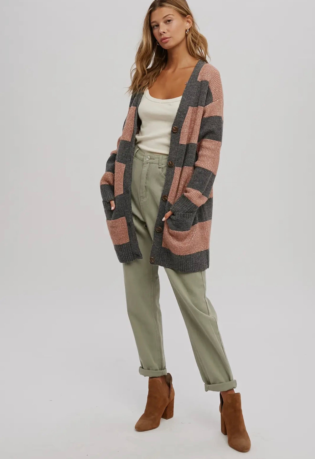 Lurex Color Block Button Front Cardigan
