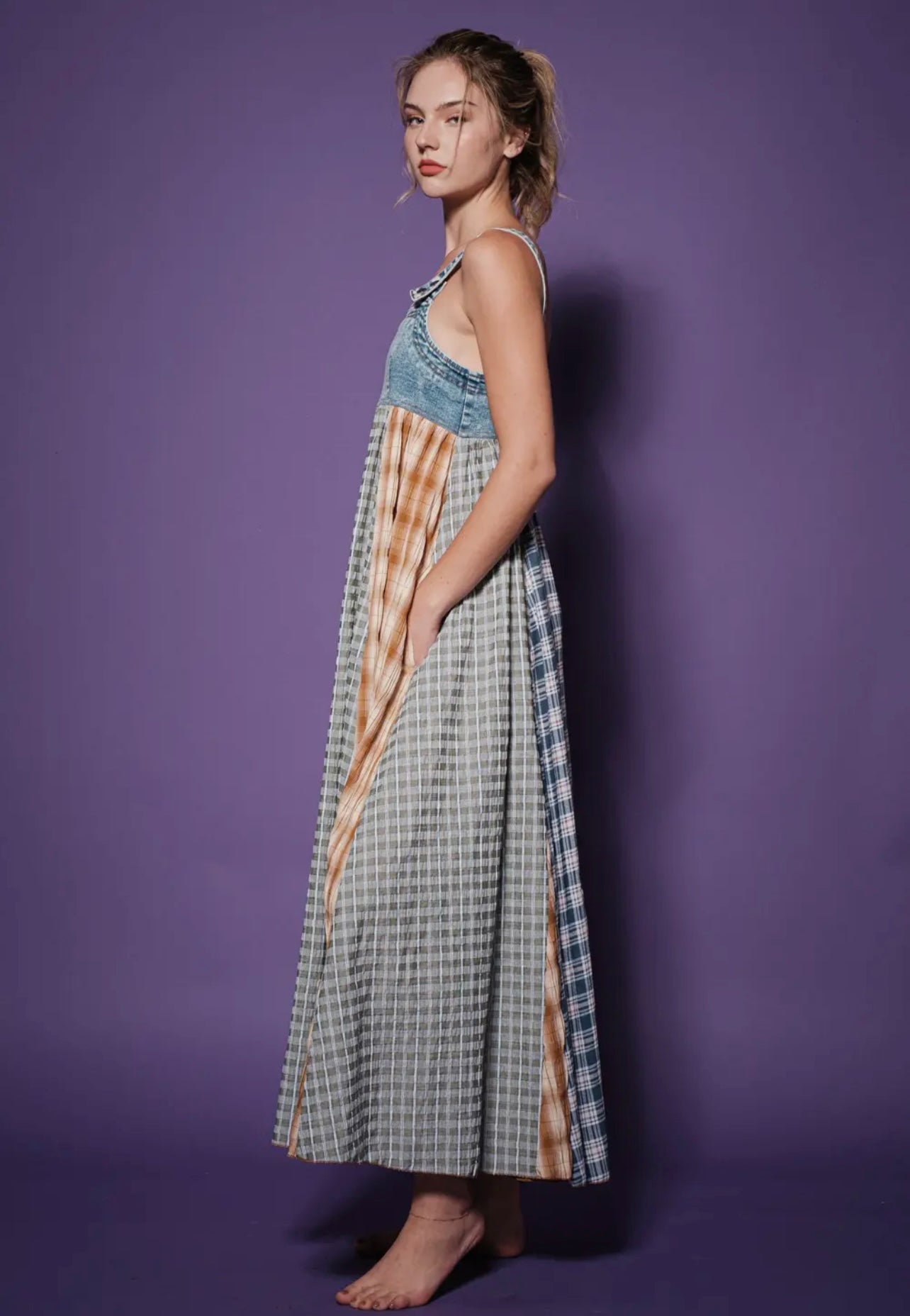 Denim Multi Fabric Pleated Suspender Dress