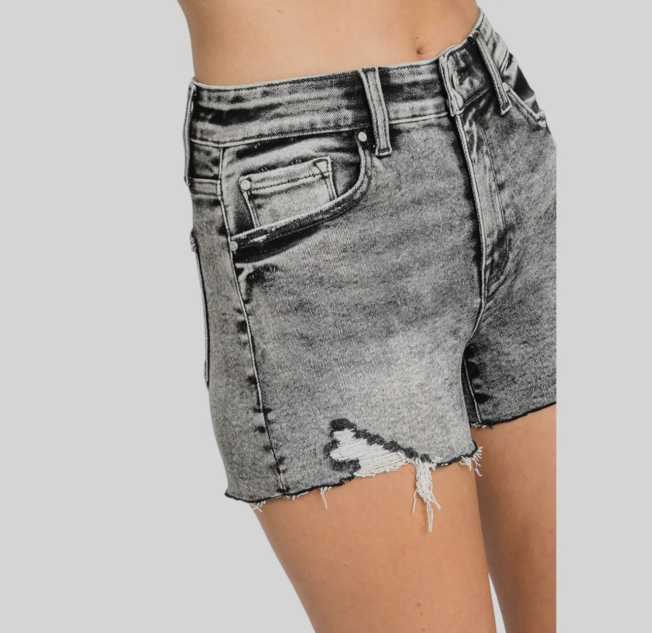 Petra153 High Rise Grey Acid Wash
Shorts with Destroyed Hem