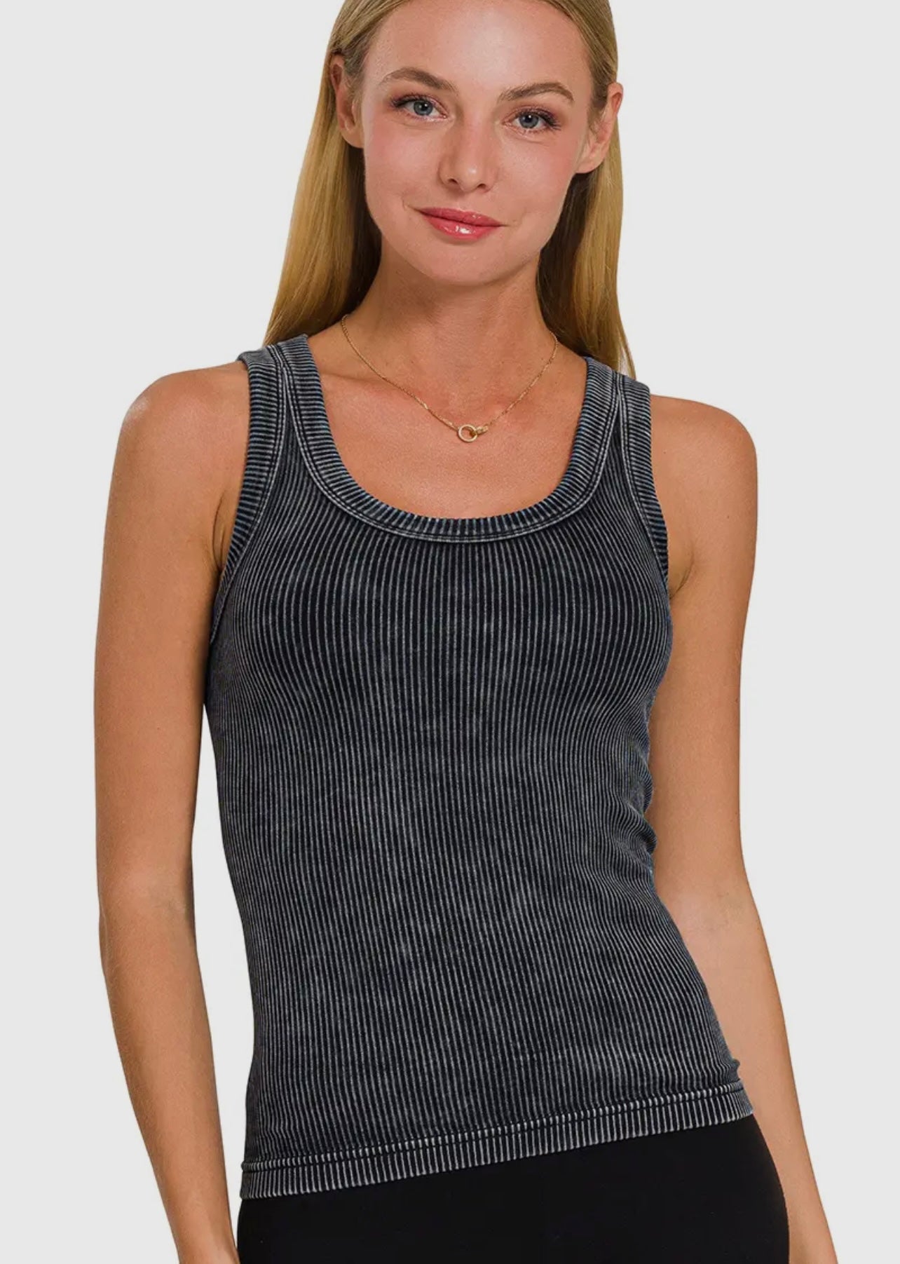 2 Way Neckline Washed Ribbed Cropped Tank Top in Black