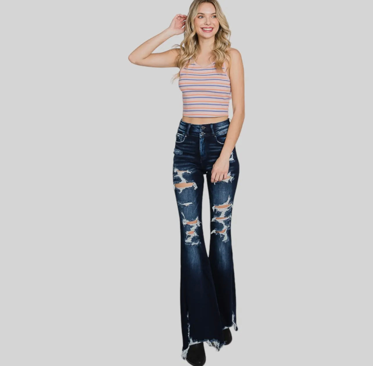 Petra153 Distressed High Rise Flare
Jeans with Frayed Hem