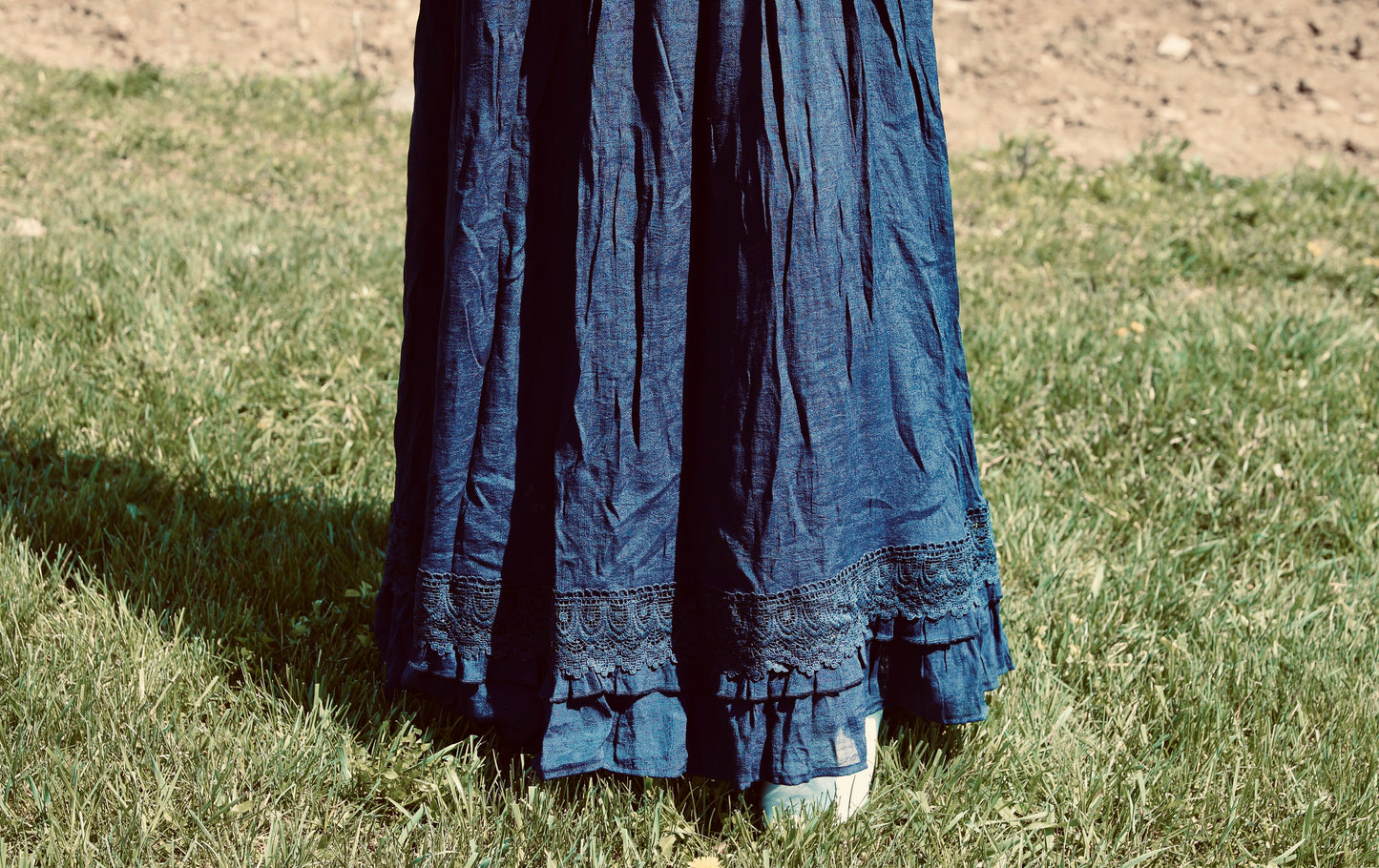 Navy V-Neck Lace Trim Maxi Dress