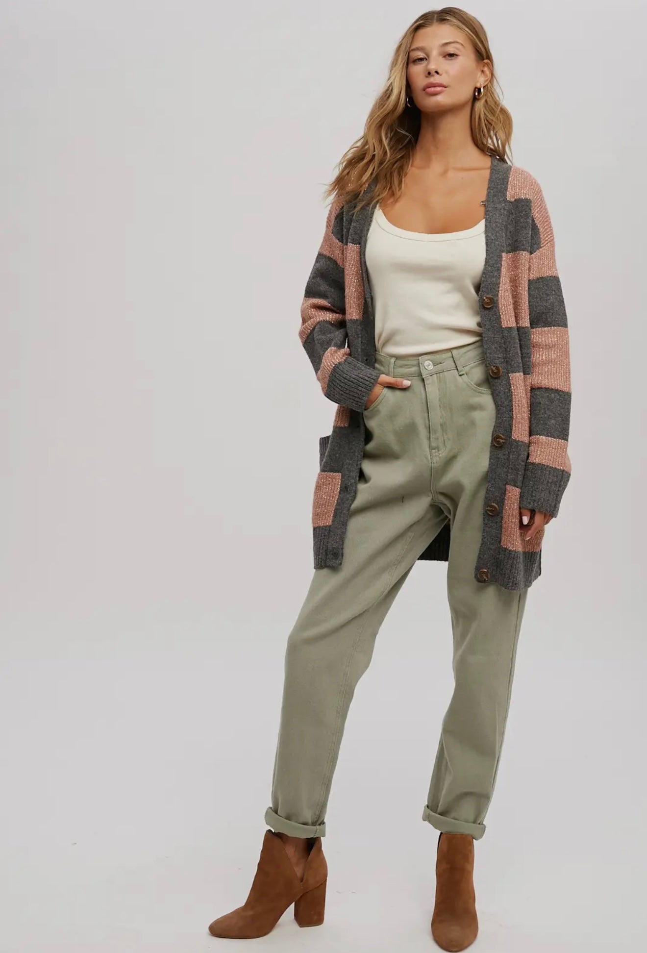 Lurex Color Block Button Front Cardigan