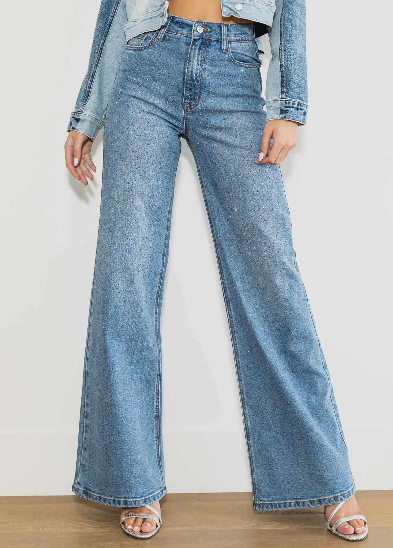 All Over Rhinestone Wide Jeans