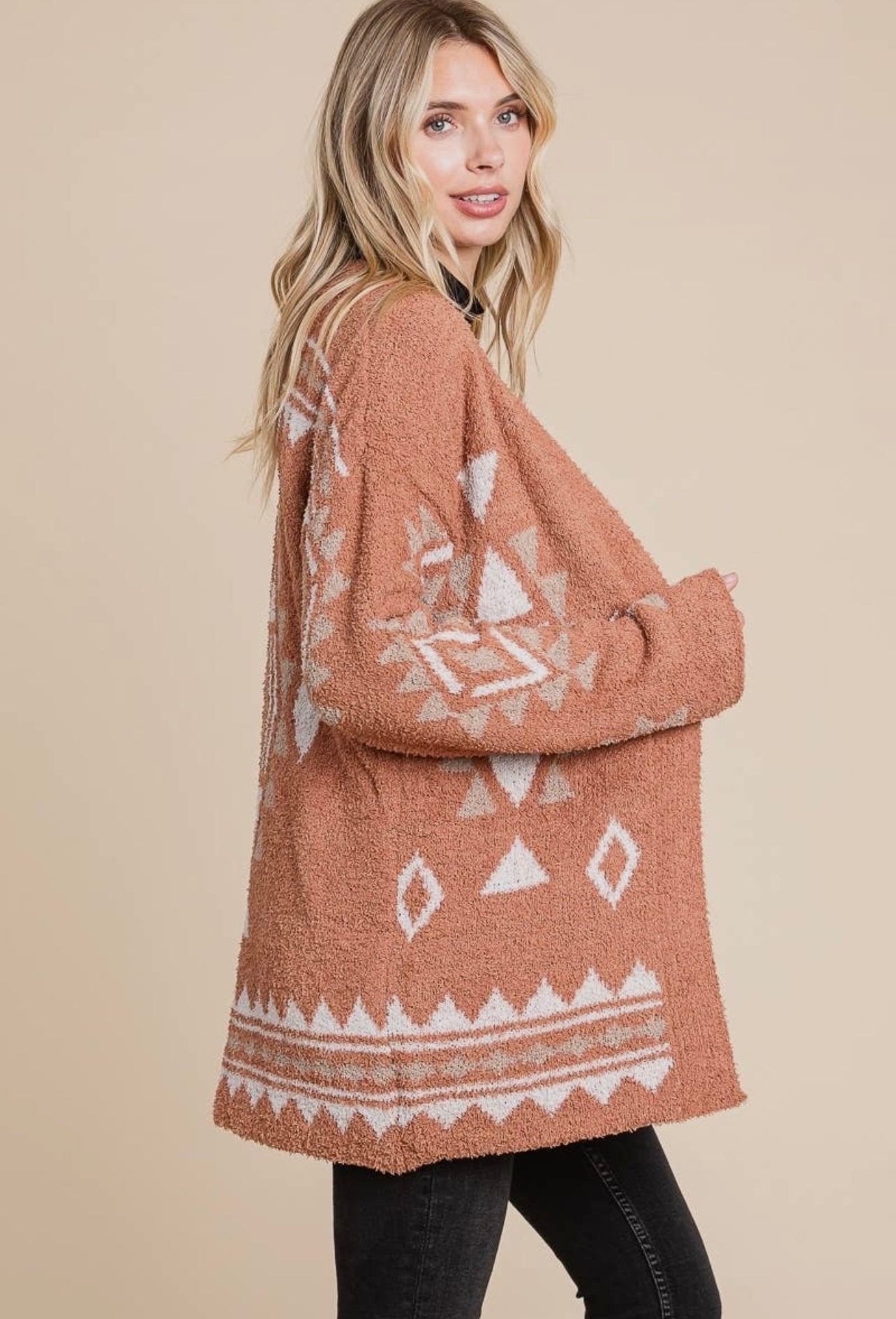 Tribal Print Knit Open Front Cardigan In Camel