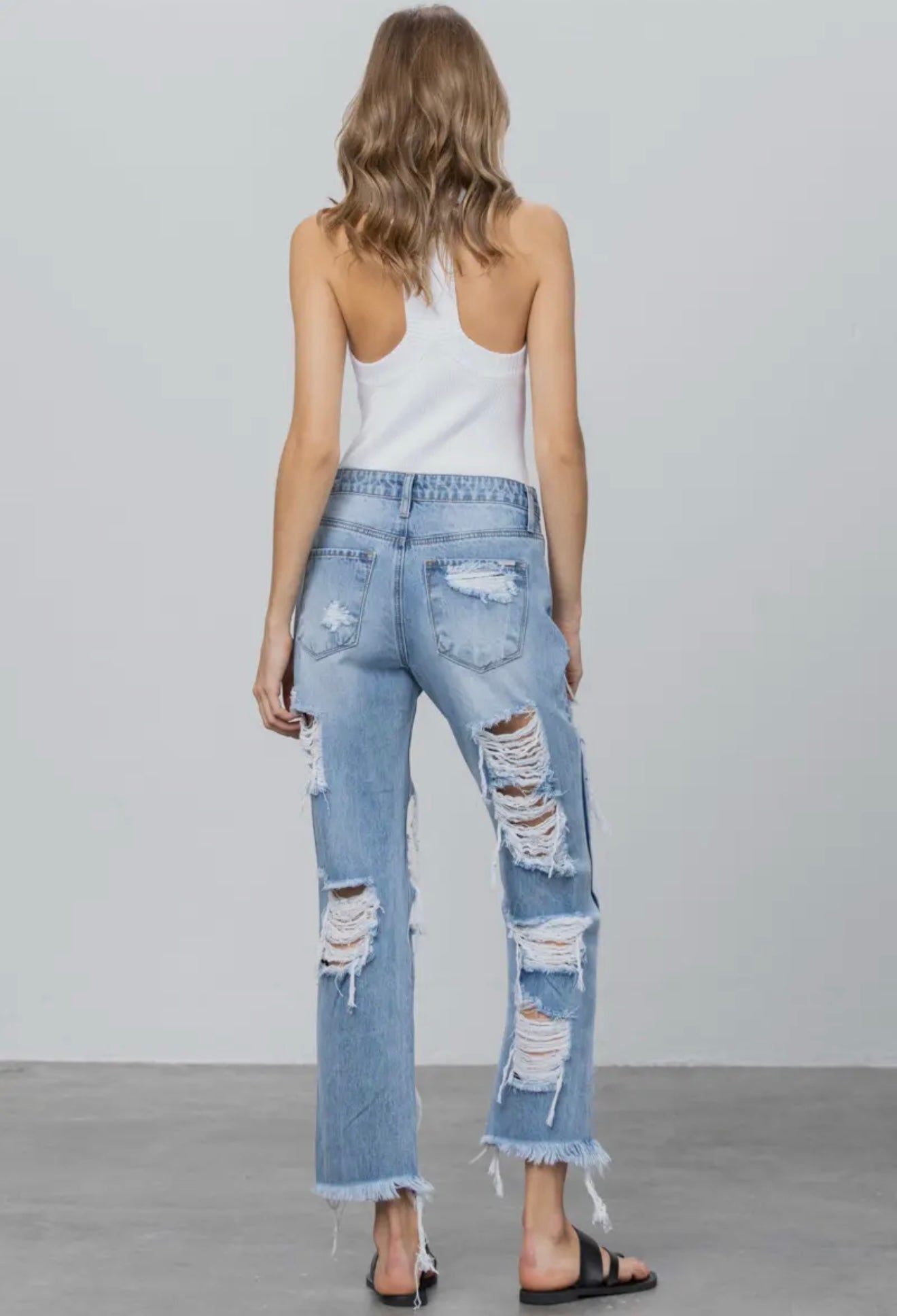 High Rise Heavy Destroyed Frayed Hem Straight Jeans