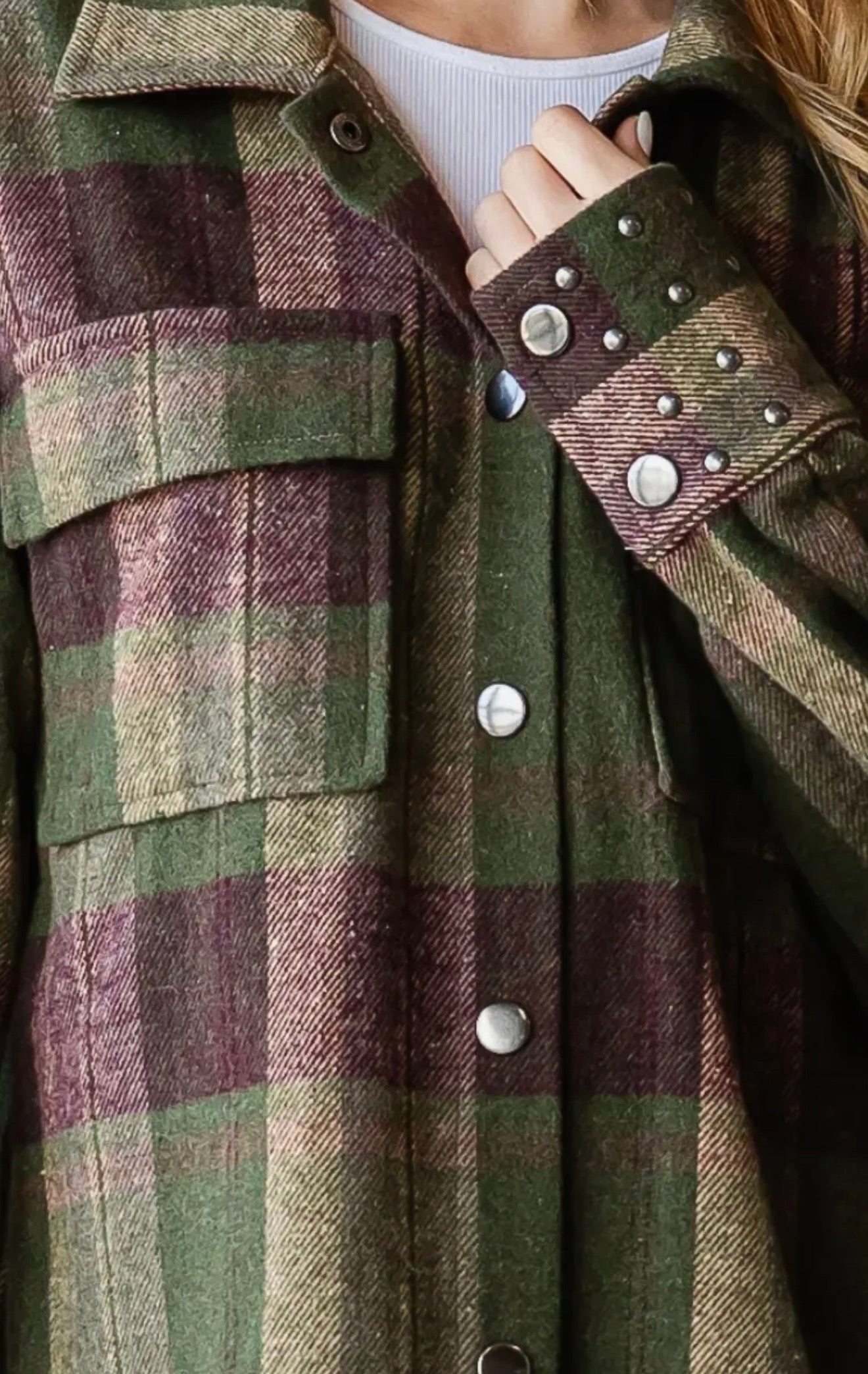 Plaid Stud Cuff Shirt Jacket in Olive