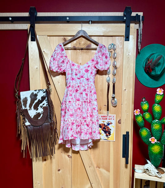 Pink Floral Open Back with Tie Tiered
Mini Dress