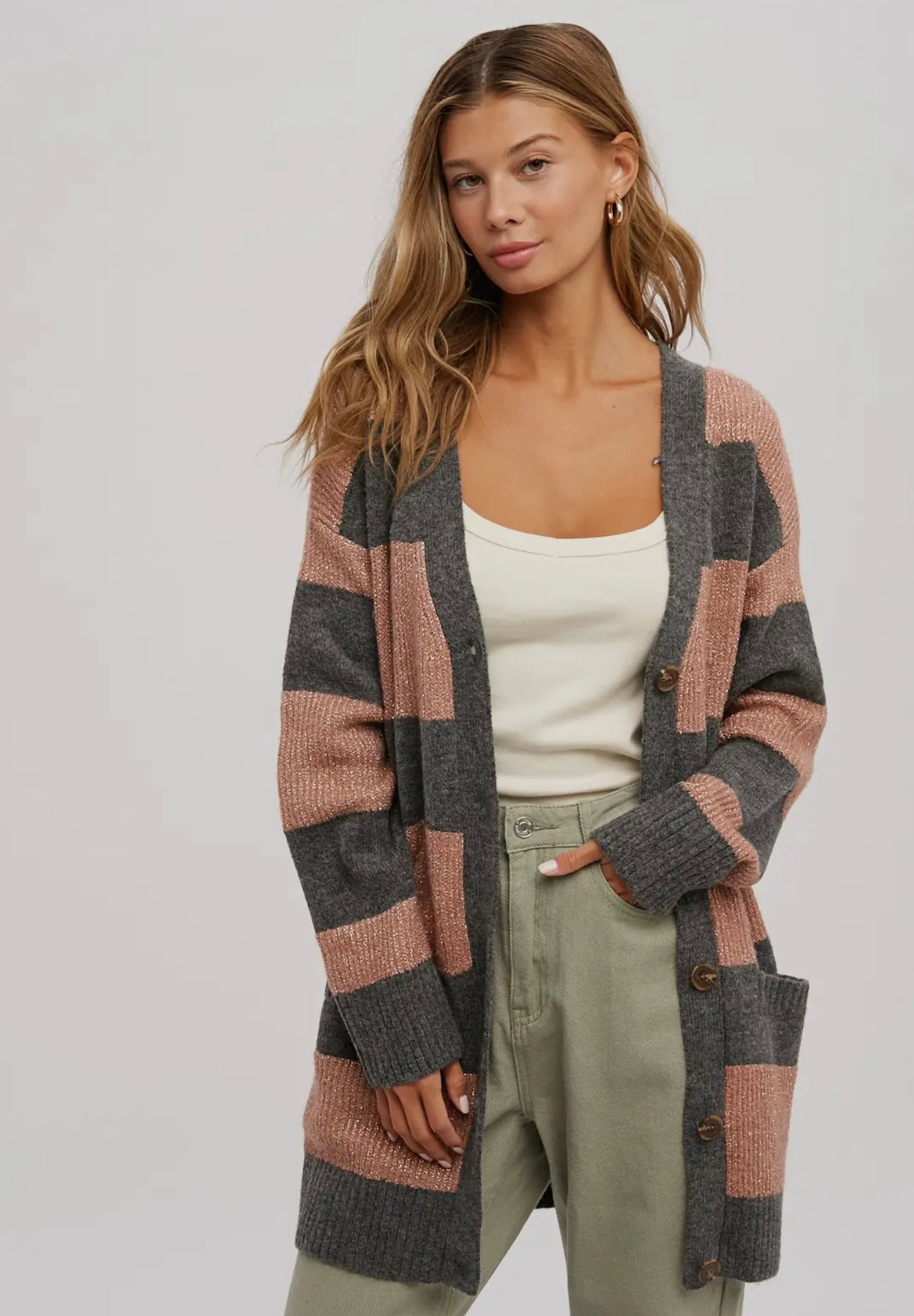 Lurex Color Block Button Front Cardigan