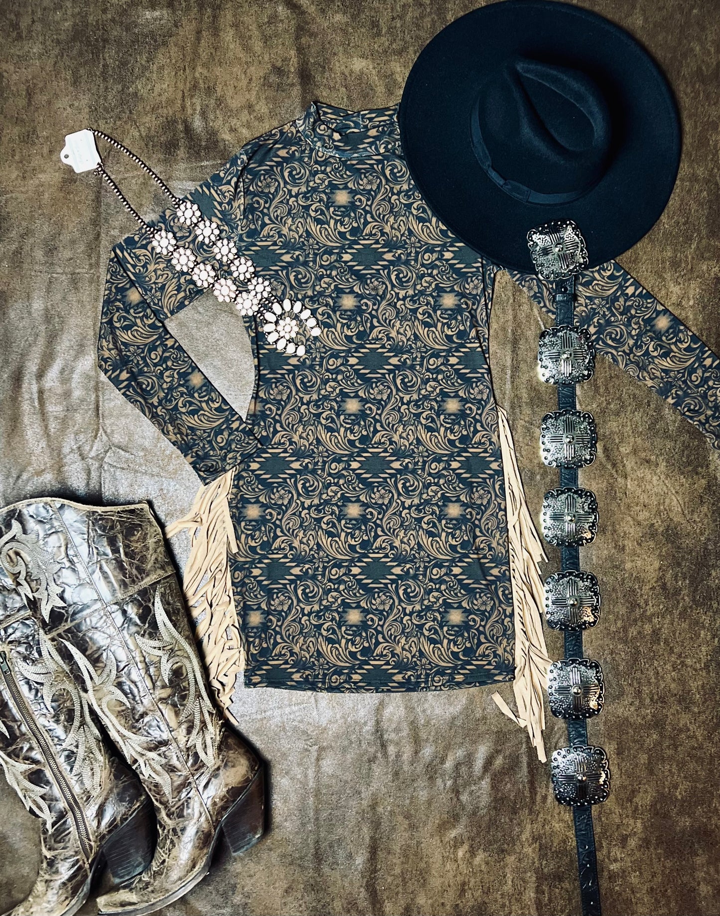 Brown Tooled long Sleeve
Dress W Side Fringe