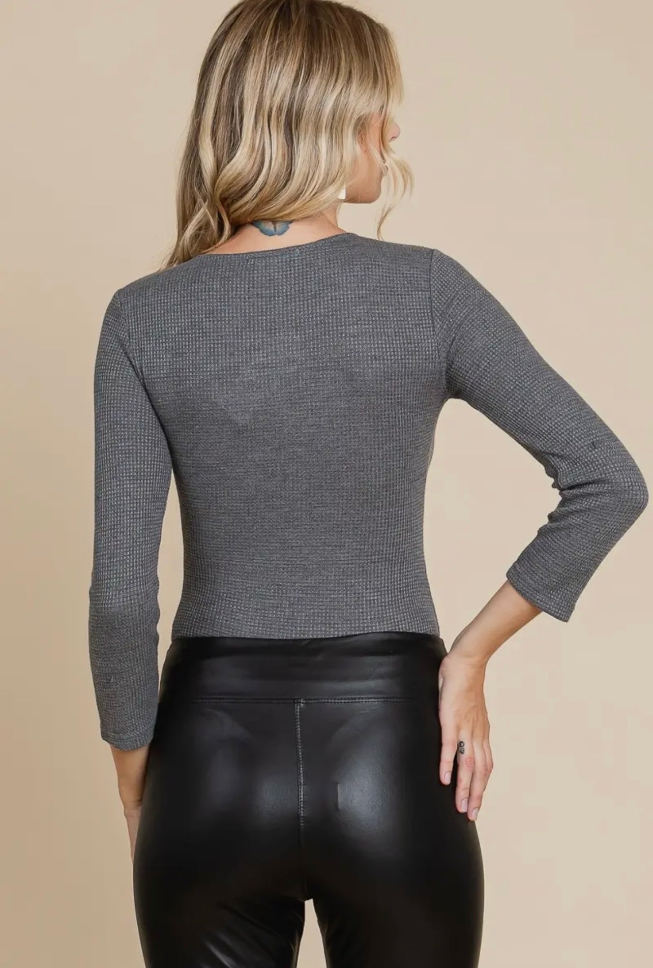 Waffle Knit Long
Sleeve Bodysuit In Charcoal