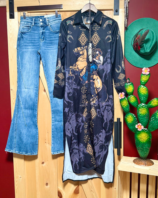 Black Riding Cowboy Aztec Button Down Dress Duster