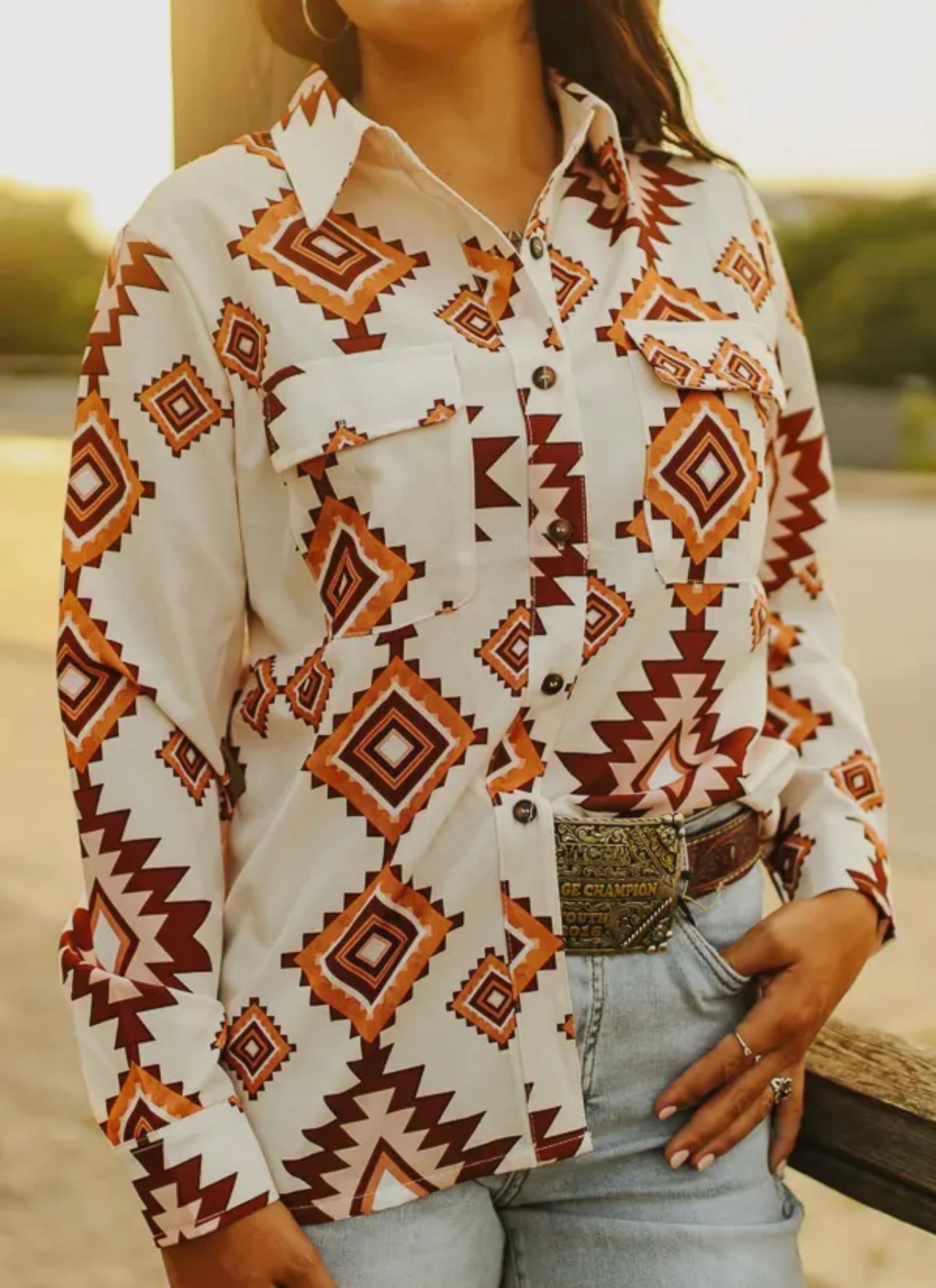 Cream Aztec Button Down Long Sleeve Top