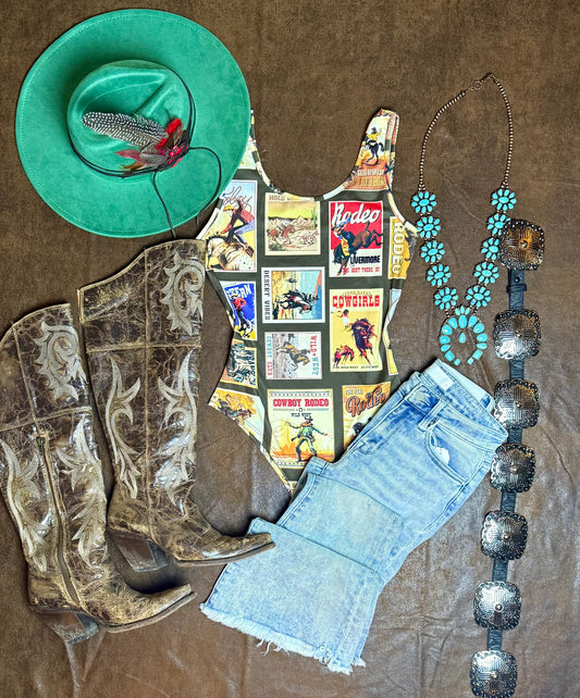 Western Rodeo Stamps Print Bodysuit
