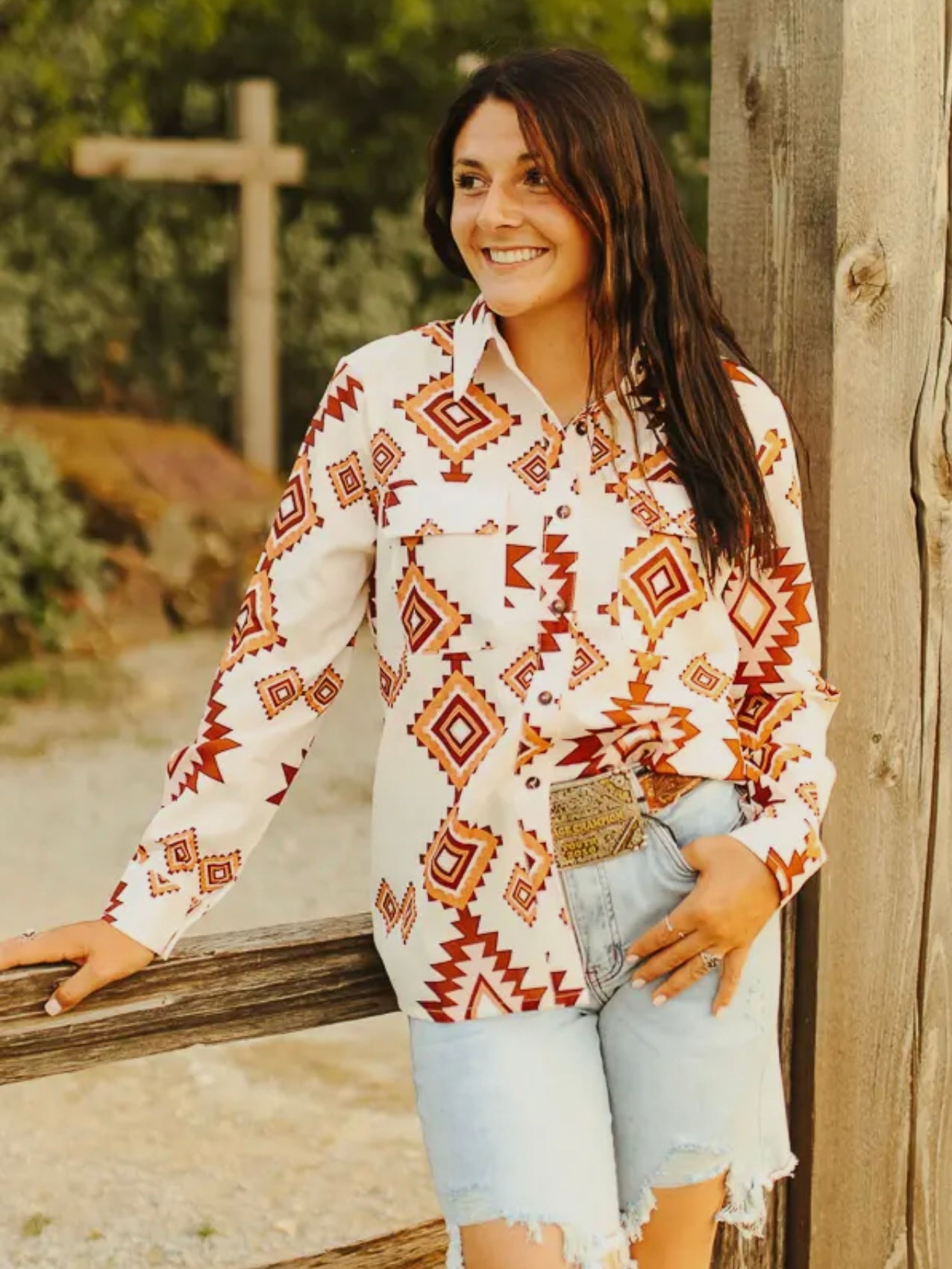 Cream Aztec Button Down Long Sleeve Top