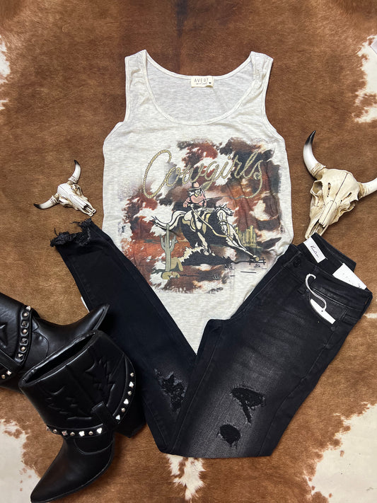 AVERY MONICA COWGIRLS GRAPHIC TANK IN OATMEAL