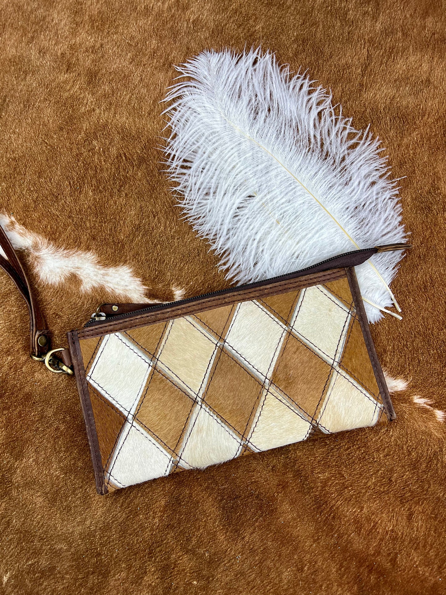 Klassy Cowgirl Diamond Pattern Hair on Cowhide Clutch Wristlet