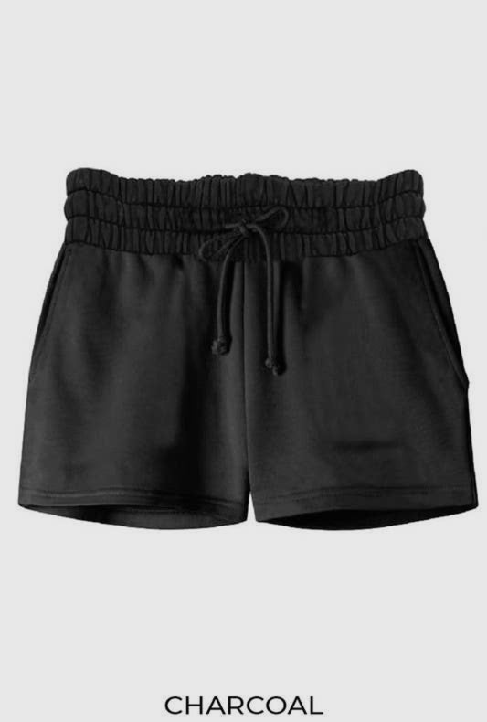 Terry Smocked Waist Shorts With Side Pockets in Charcoal