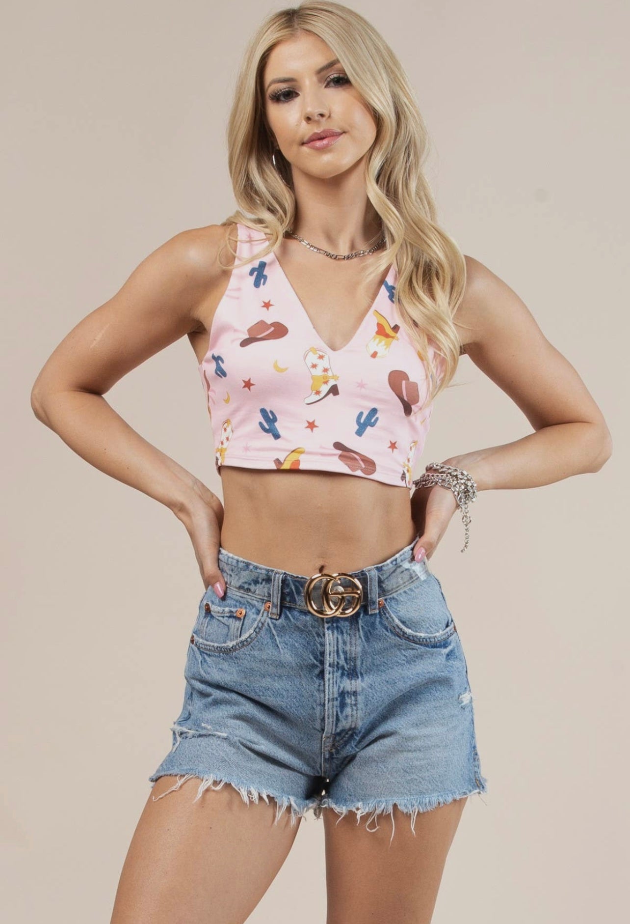 Western Boots Print Crop V Neck Tank Top