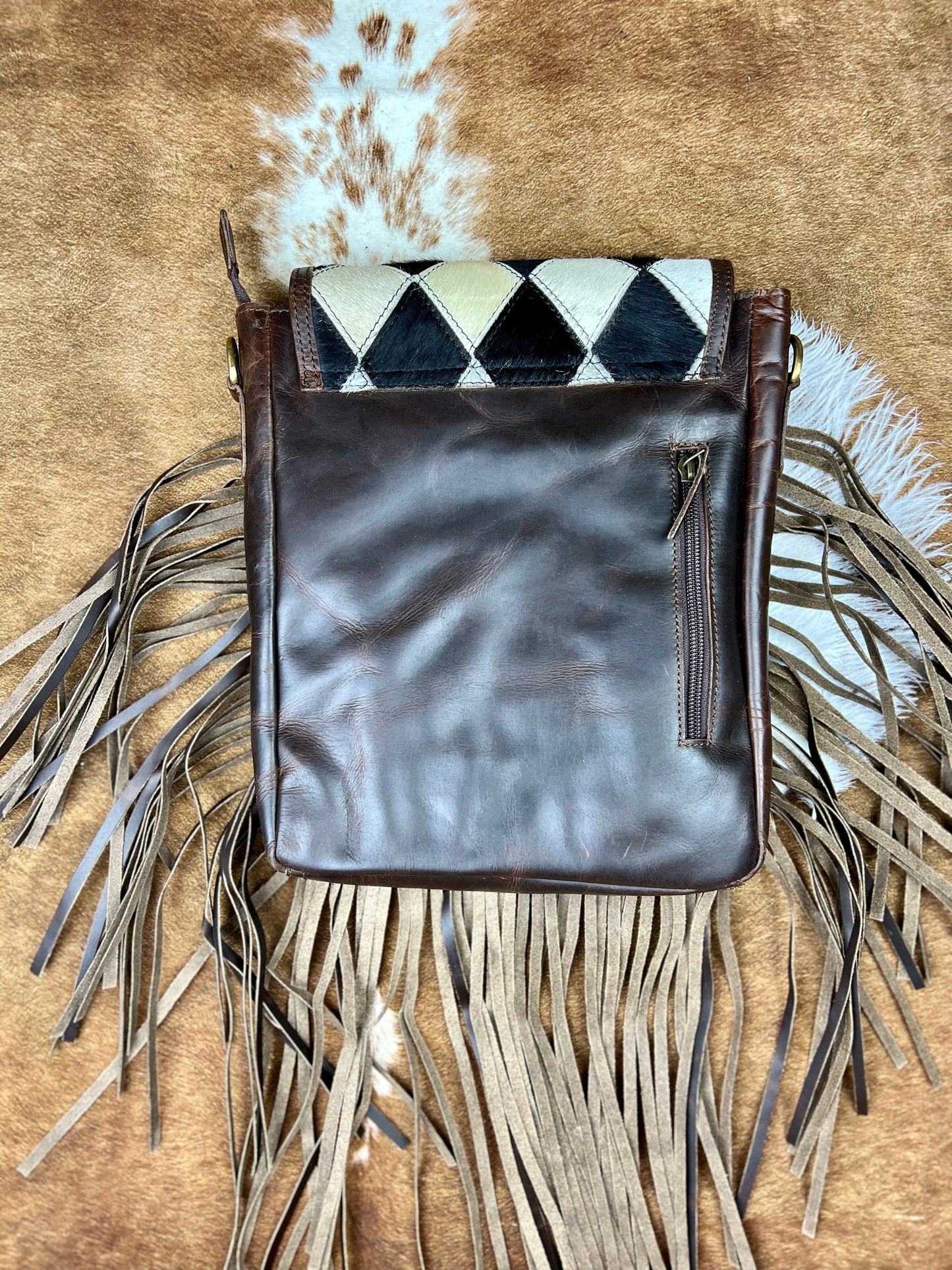 Klassy Cowgirl Leather Conceal Carry Crossbody Bag with diamond pattern hair on cowhide and fringe