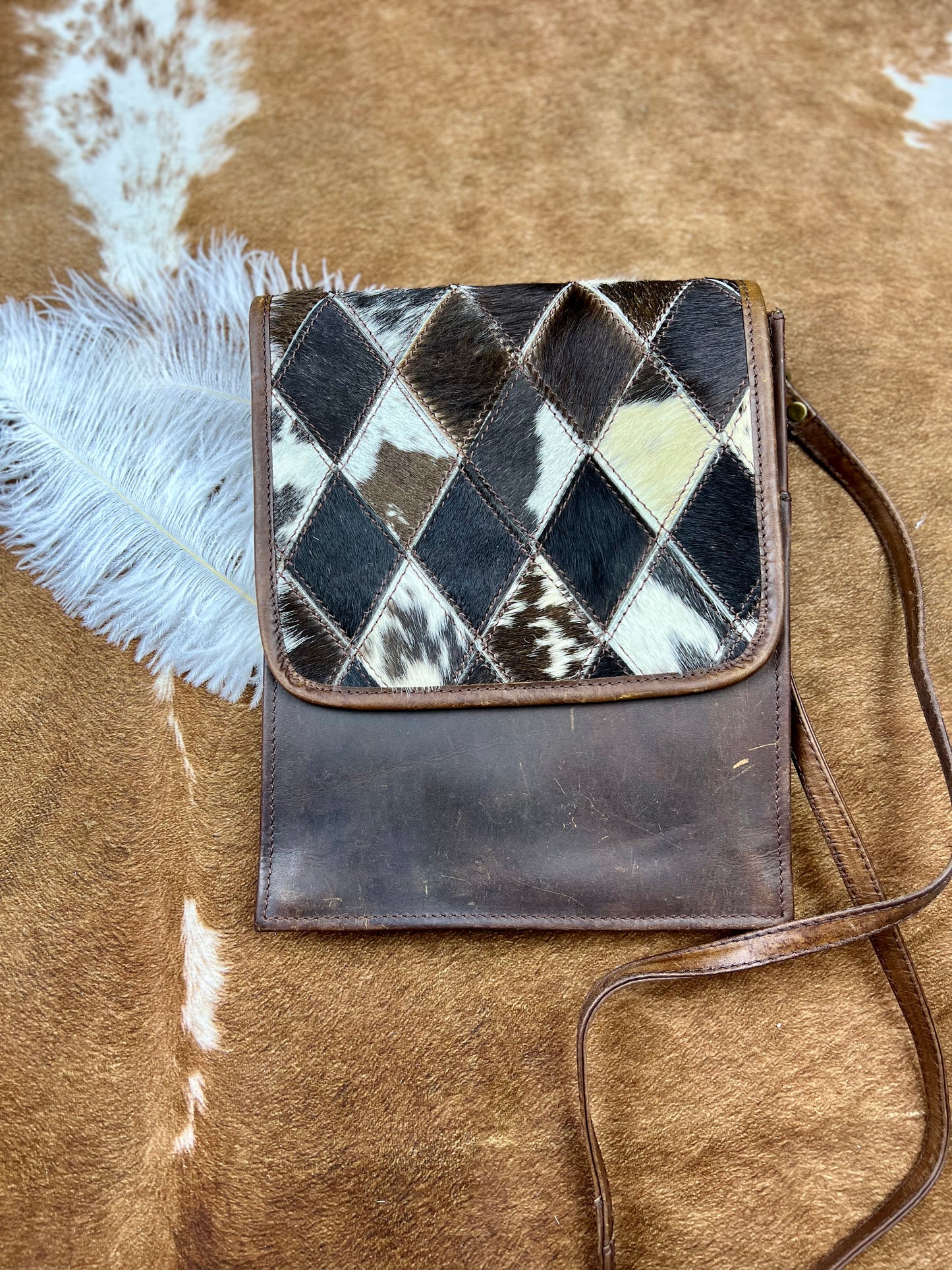 Klassy Cowgirl Leather Crossbody Bag with diamond pattern hair on cowhide