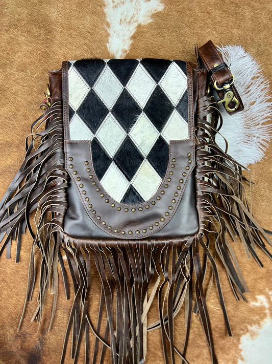 Klassy Cowgirl Leather Conceal Carry Crossbody Bag with diamond pattern hair on cowhide and fringe