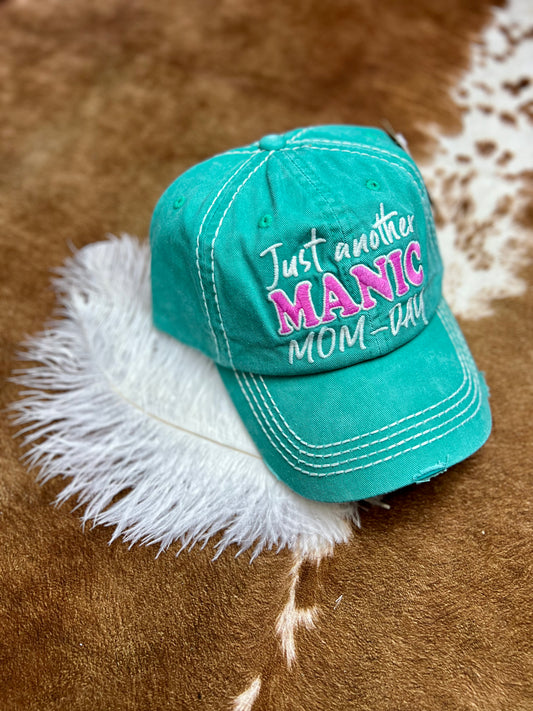 DISTRESSED TURQUOISE 'JUST ANOTHER MANIC MOM-DAY' CAP