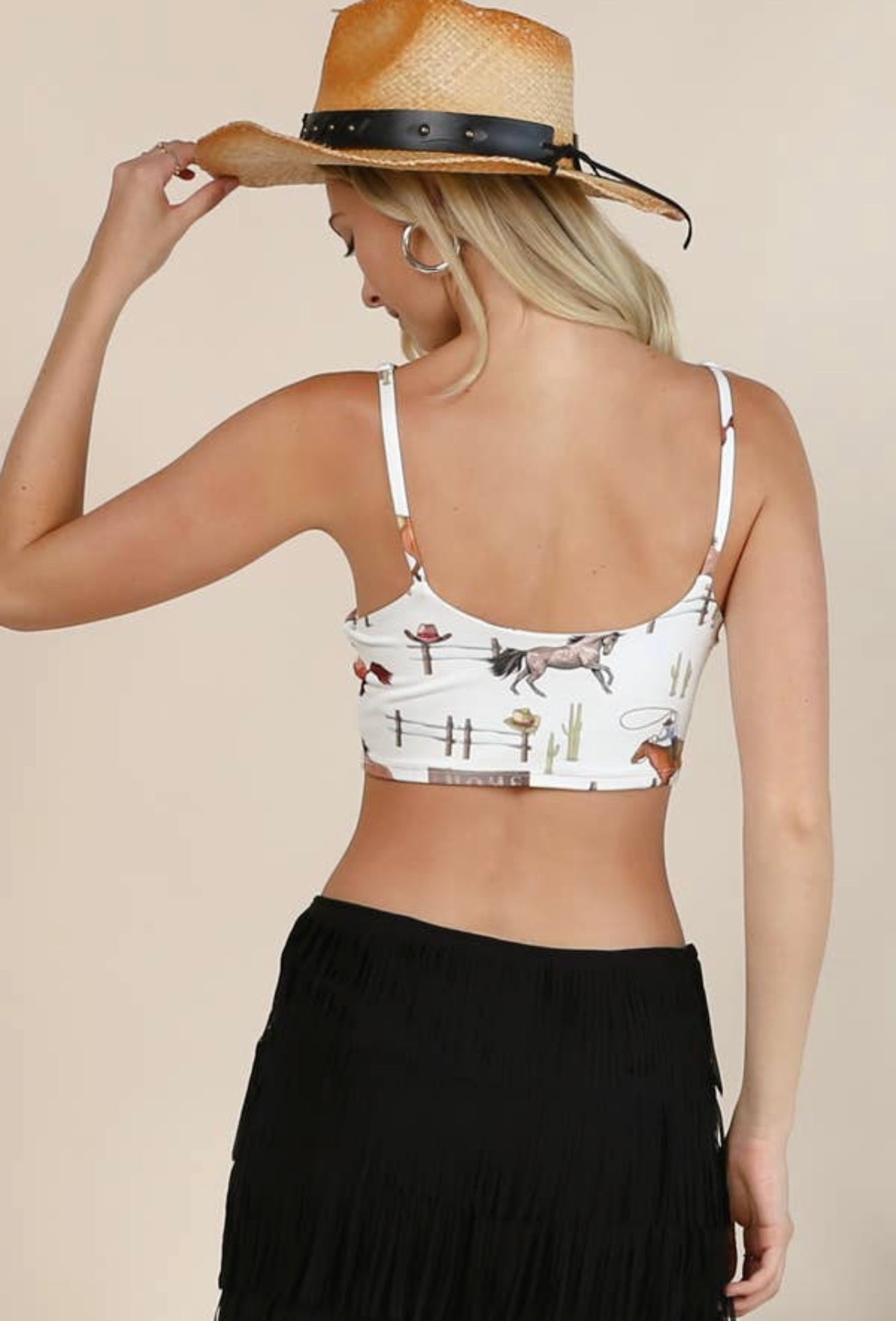 Western Rodeo Print Crop V Neck Tank Top