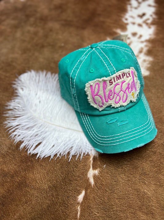 DISTRESSED TURQUOISE 'SIMPLY BLESSED' CAP