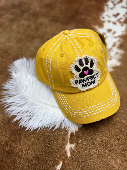 DISTRESSED YELLOW 'PAWFECT MOM' CAP