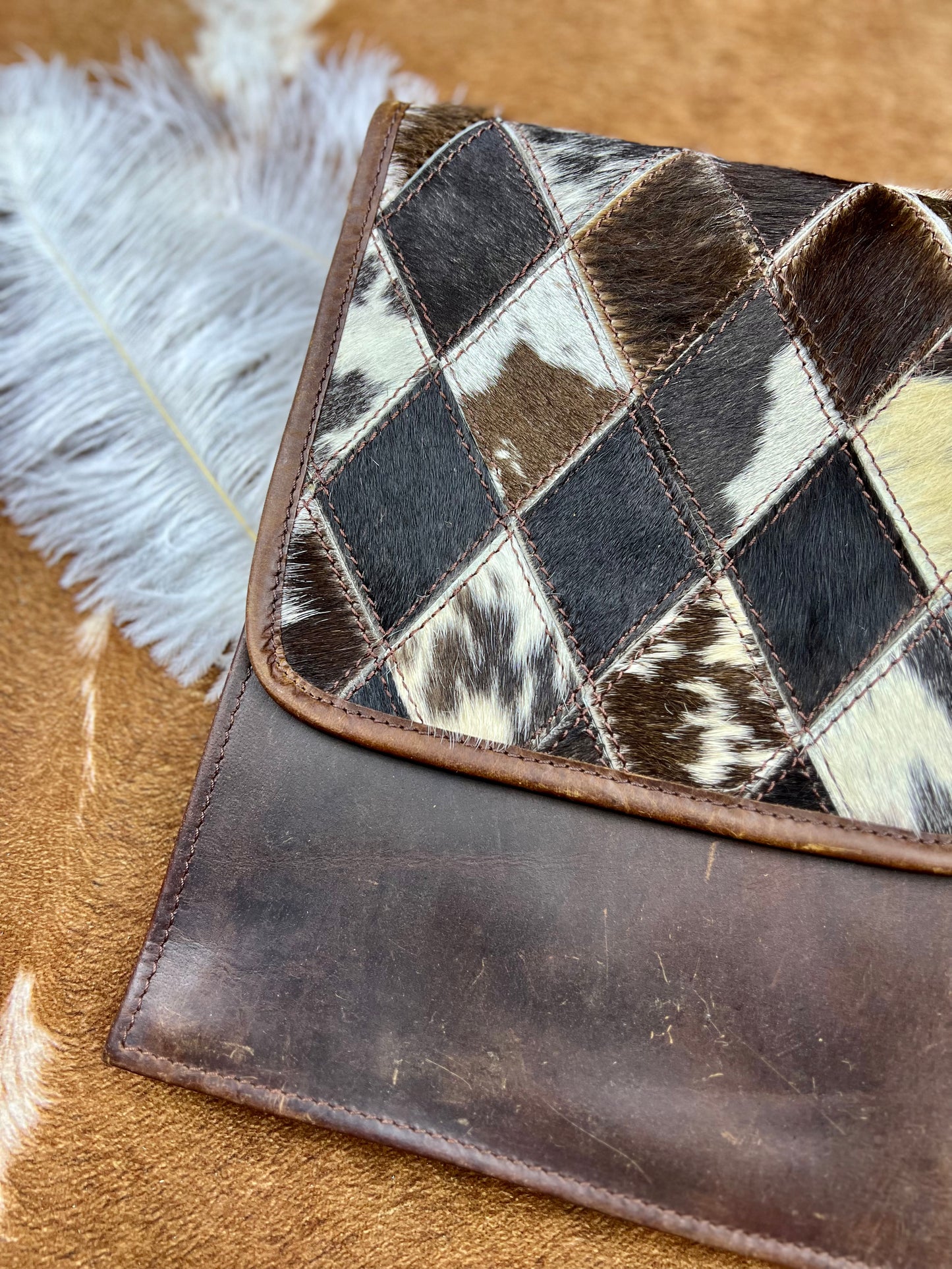 Klassy Cowgirl Leather Crossbody Bag with diamond pattern hair on cowhide