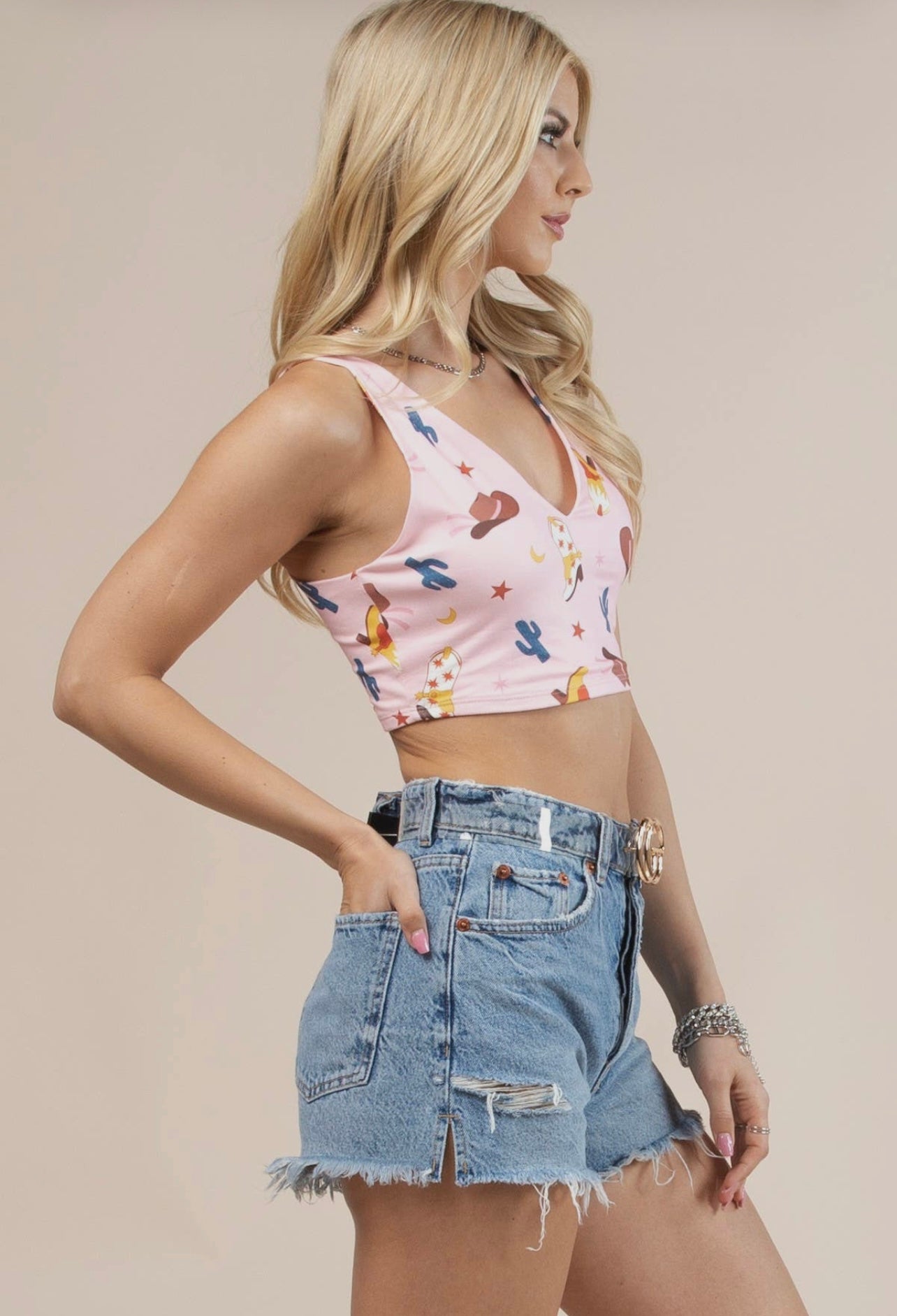 Western Boots Print Crop V Neck Tank Top