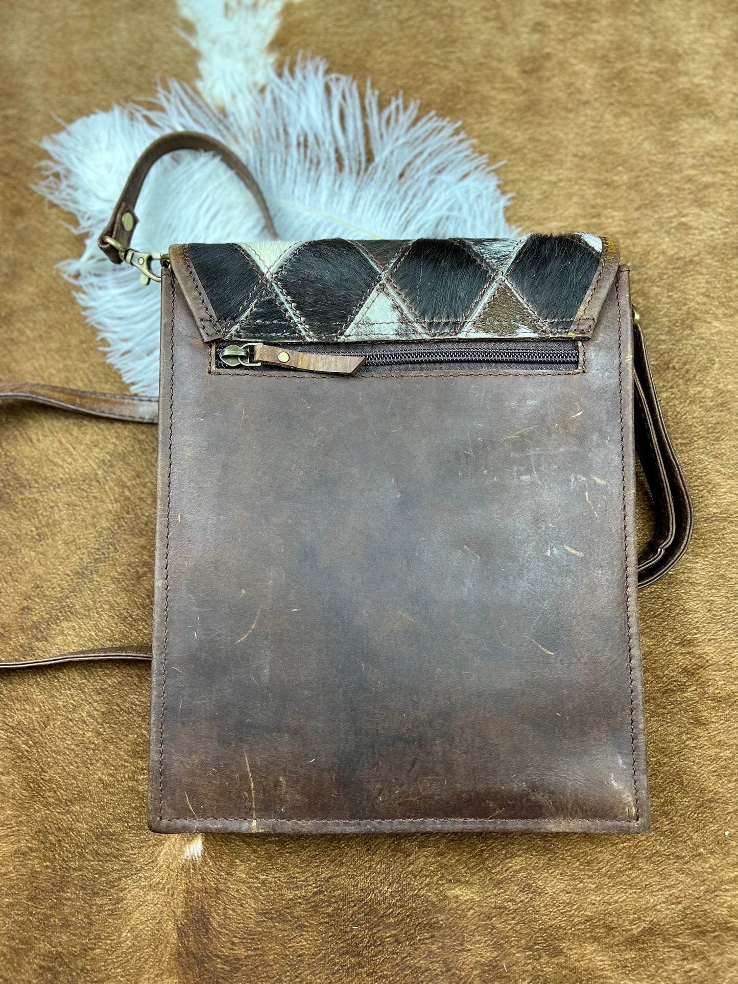 Klassy Cowgirl Leather Crossbody Bag with diamond pattern hair on cowhide